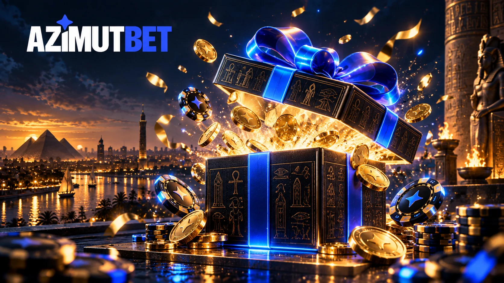 صندوق هدايا مضيء بلمسات زرقاء وذهبية وشعار AzimutBet
