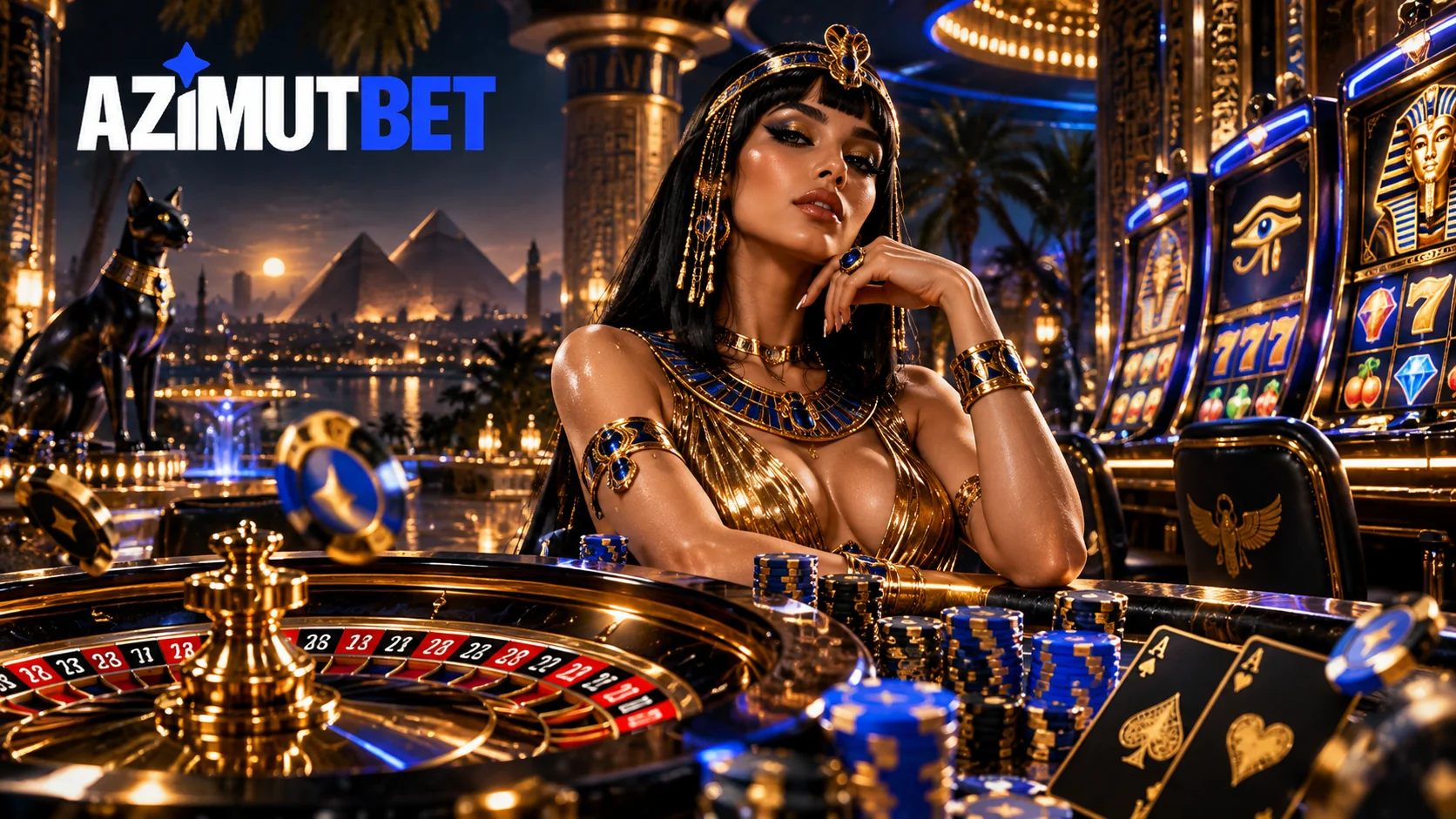 مشهد فني مصري لطاولة روليت وألعاب كازينو مع شعار AzimutBet
