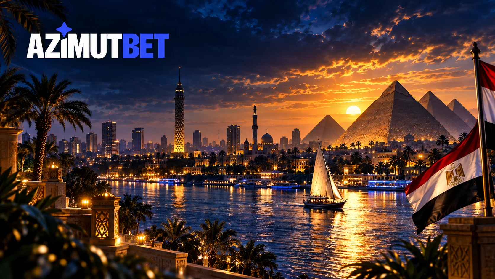 مشهد فني للقاهرة والنيل والأهرامات والعلم المصري مع شعار AzimutBet
