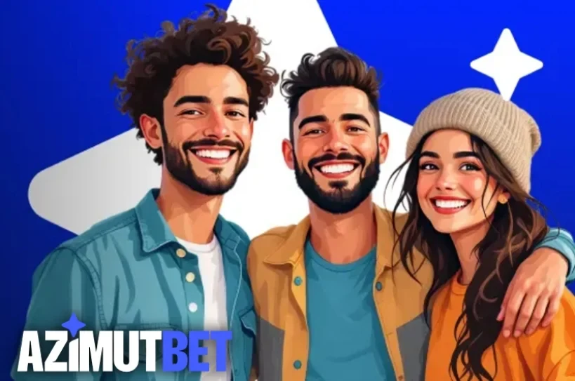 رسم لثلاثة أشخاص بالغين مع شعار AzimutBet على خلفية زرقاء