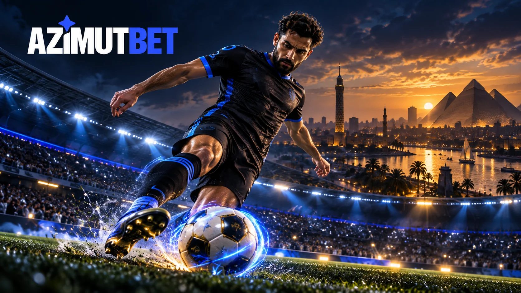 لاعب كرة قدم في ملعب ليلي مع مشهد فني للقاهرة وشعار AzimutBet